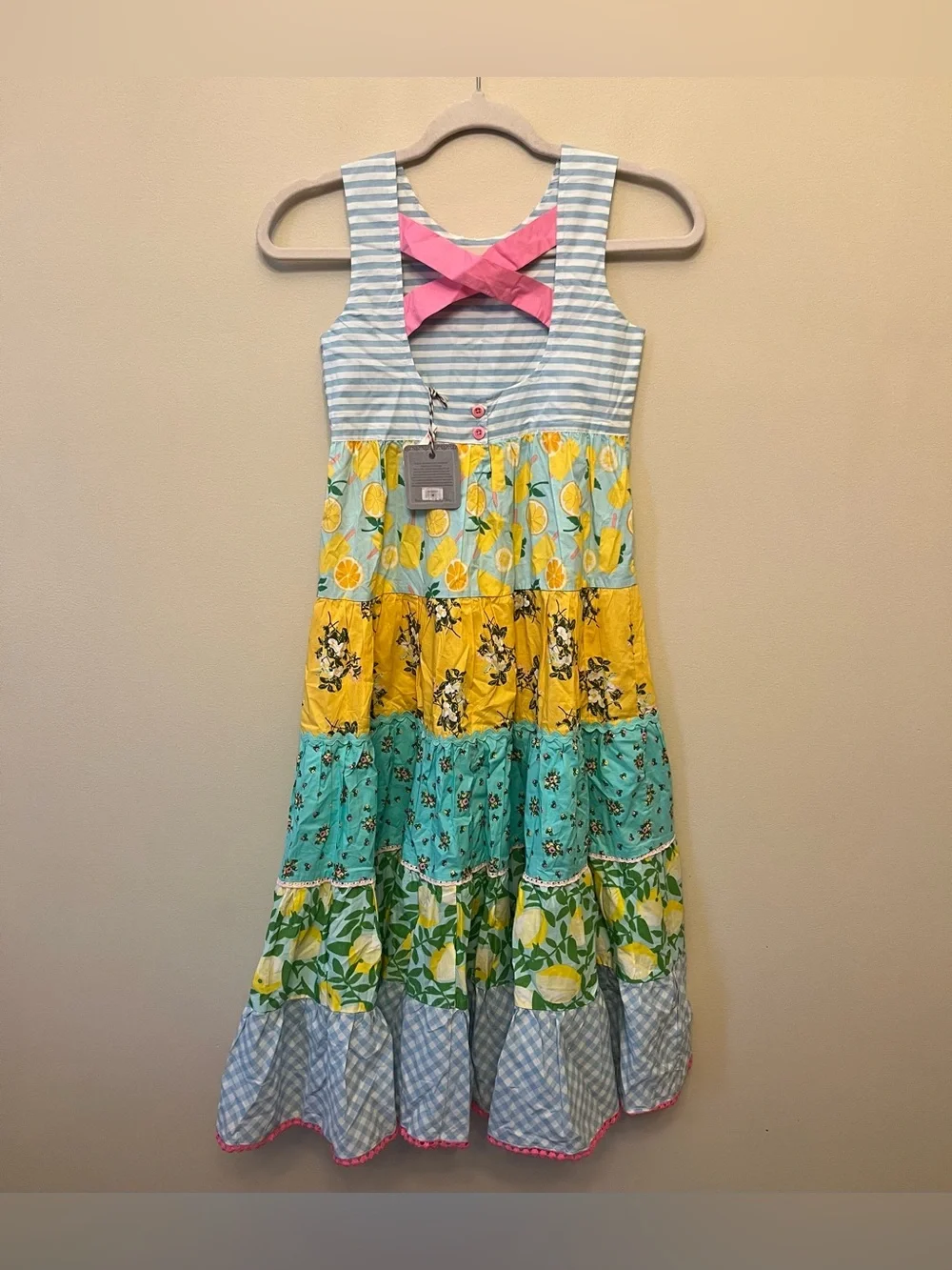 NWT Matilda Jane Sweet Trip Tiered Maxi Dress Girls Size 8 Lemon Stripe Gingham